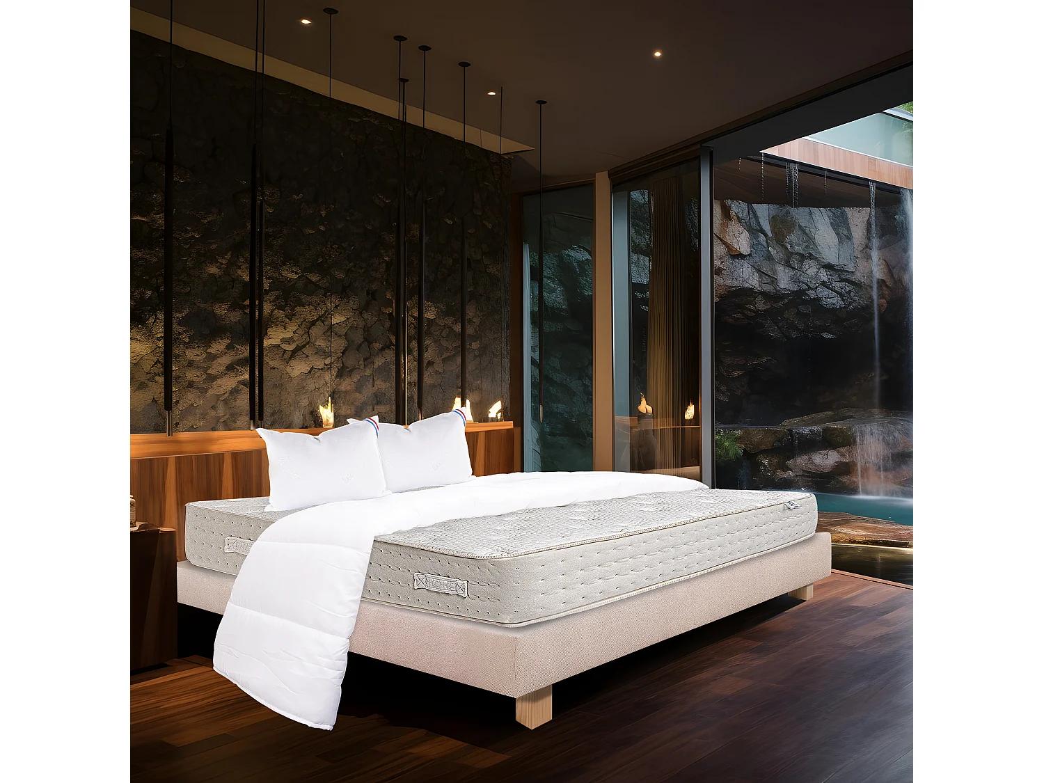 Ensemble Matelas 140x190 cm, Purlux, 26 cm + sommier beige + 2 oreillers + couette