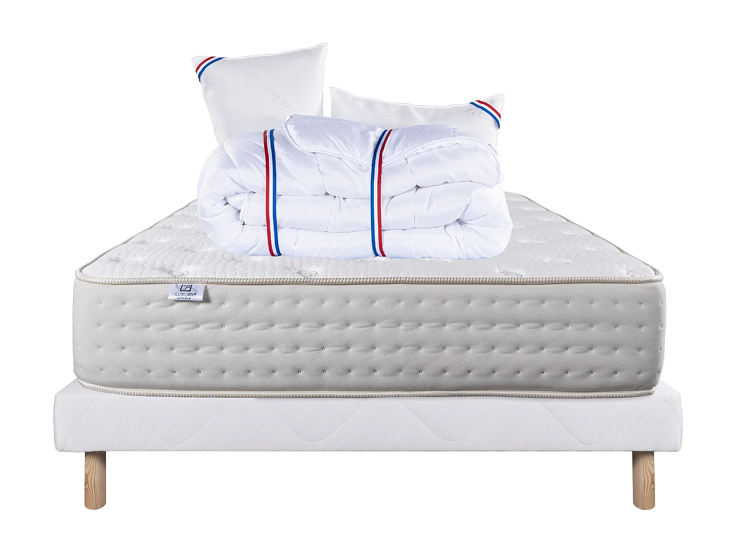 Ensemble Matelas 140x190 cm, Purlux, 26 cm + sommier blanc + 2 oreillers + couette