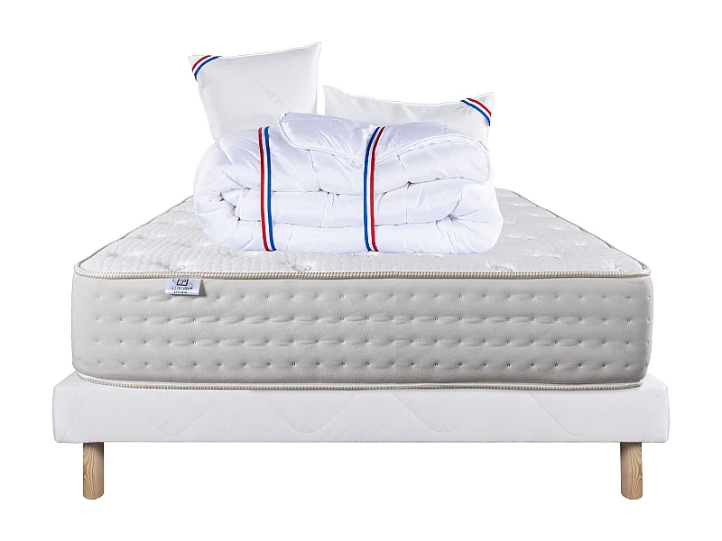 Ensemble Matelas 140x190 cm, Purlux, 26 cm + sommier blanc + 2 oreillers + couette