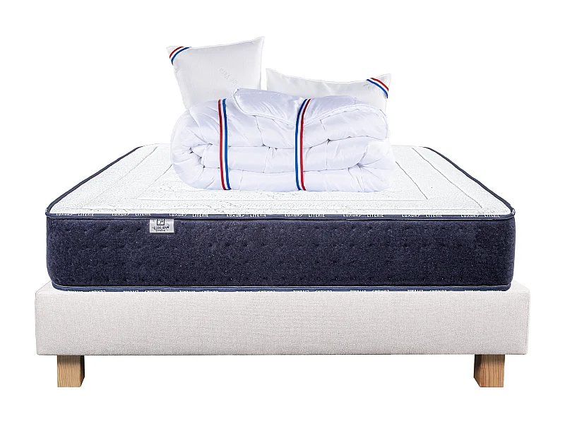 Ensemble Matelas 140x190 cm, Nuage, 24 cm + sommier beige + 2 oreillers + couette