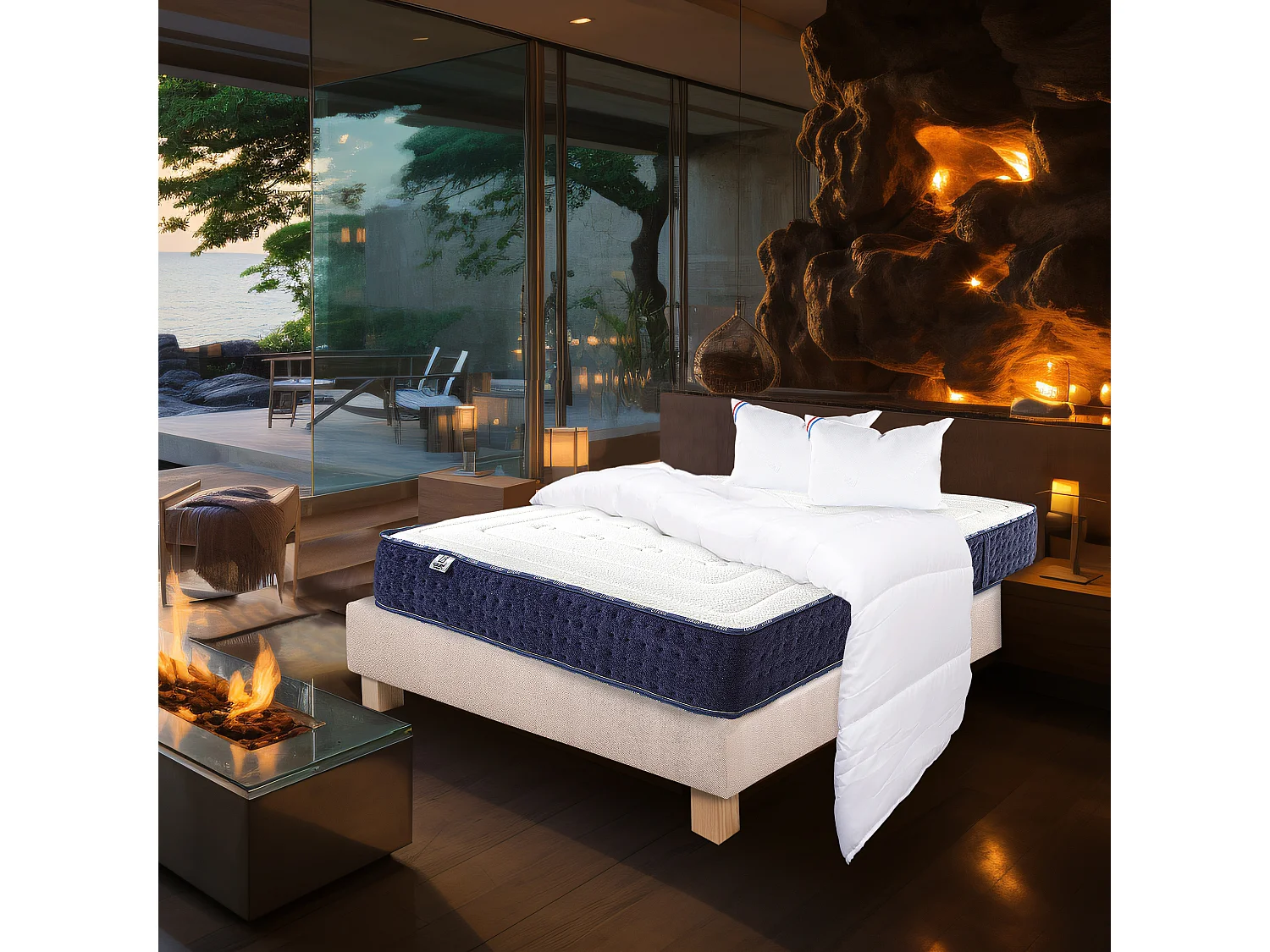 Ensemble Matelas 140x190 cm, Nuage, 24 cm + sommier beige + 2 oreillers + couette