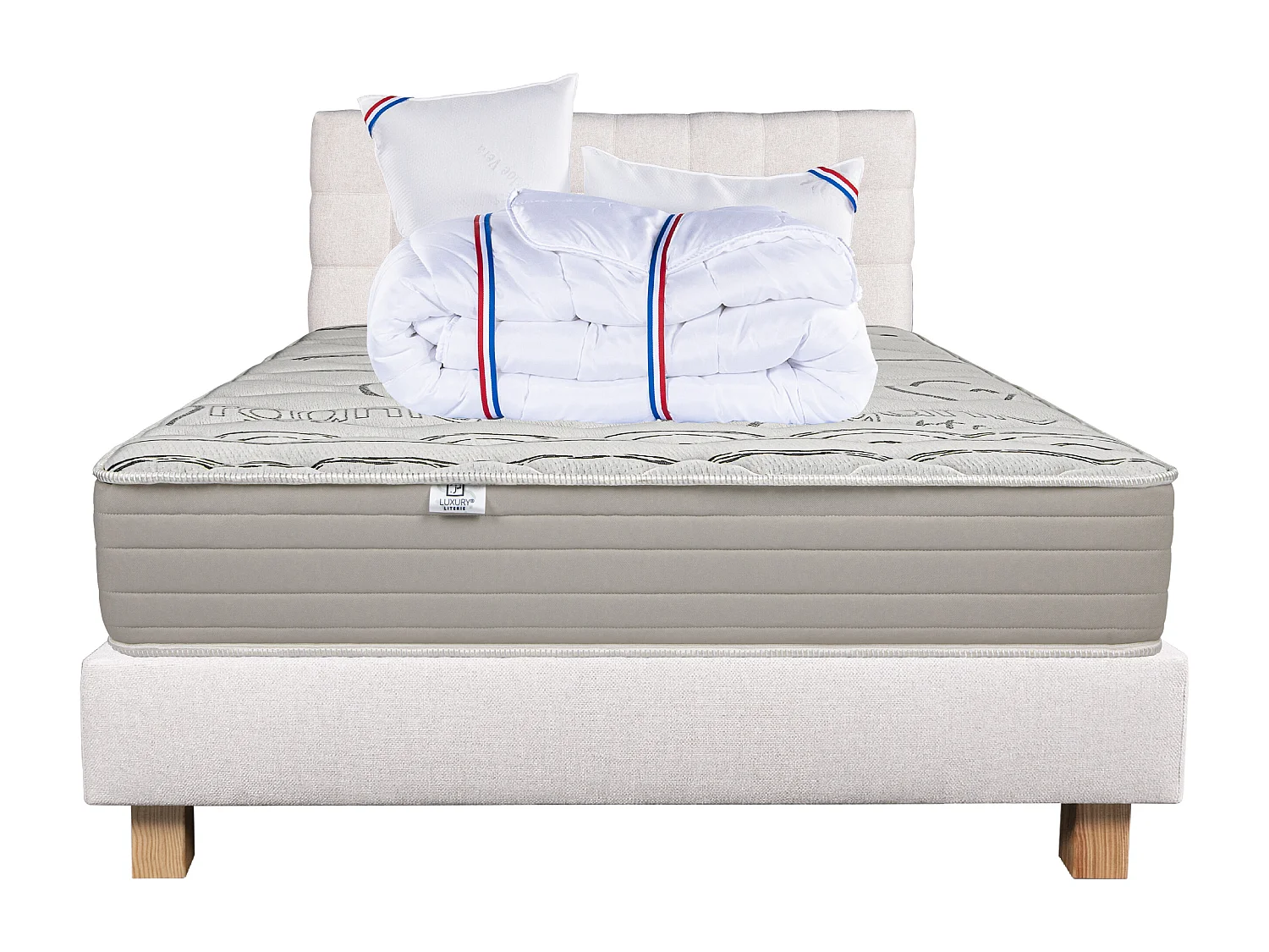 Ensemble Matelas 160x200 cm, OrganicCotton, 24 cm+sommier beige+2 oreillers+couette+TDL