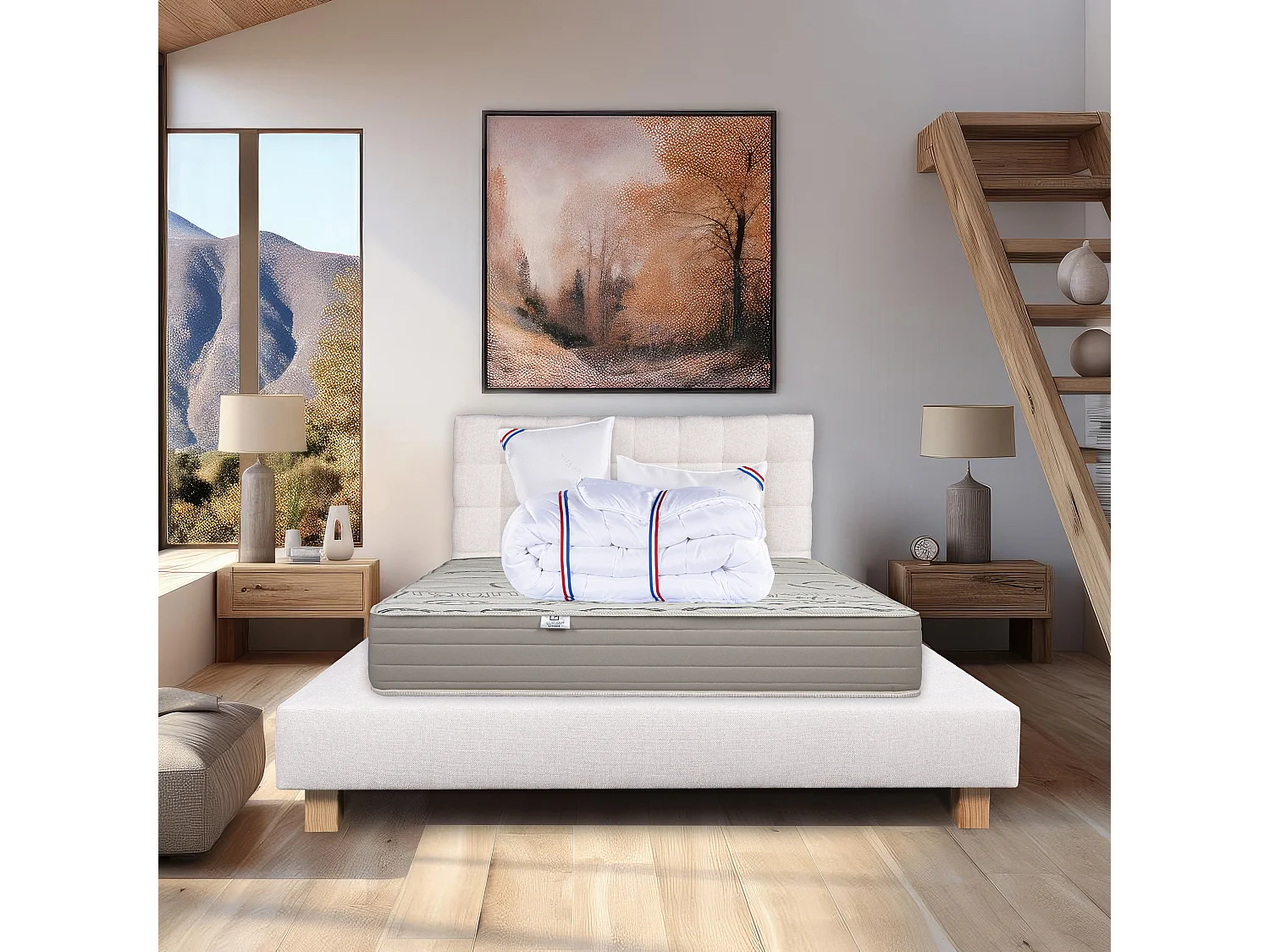 Ensemble Matelas 160x200 cm, OrganicCotton, 24 cm+sommier beige+2 oreillers+couette+TDL
