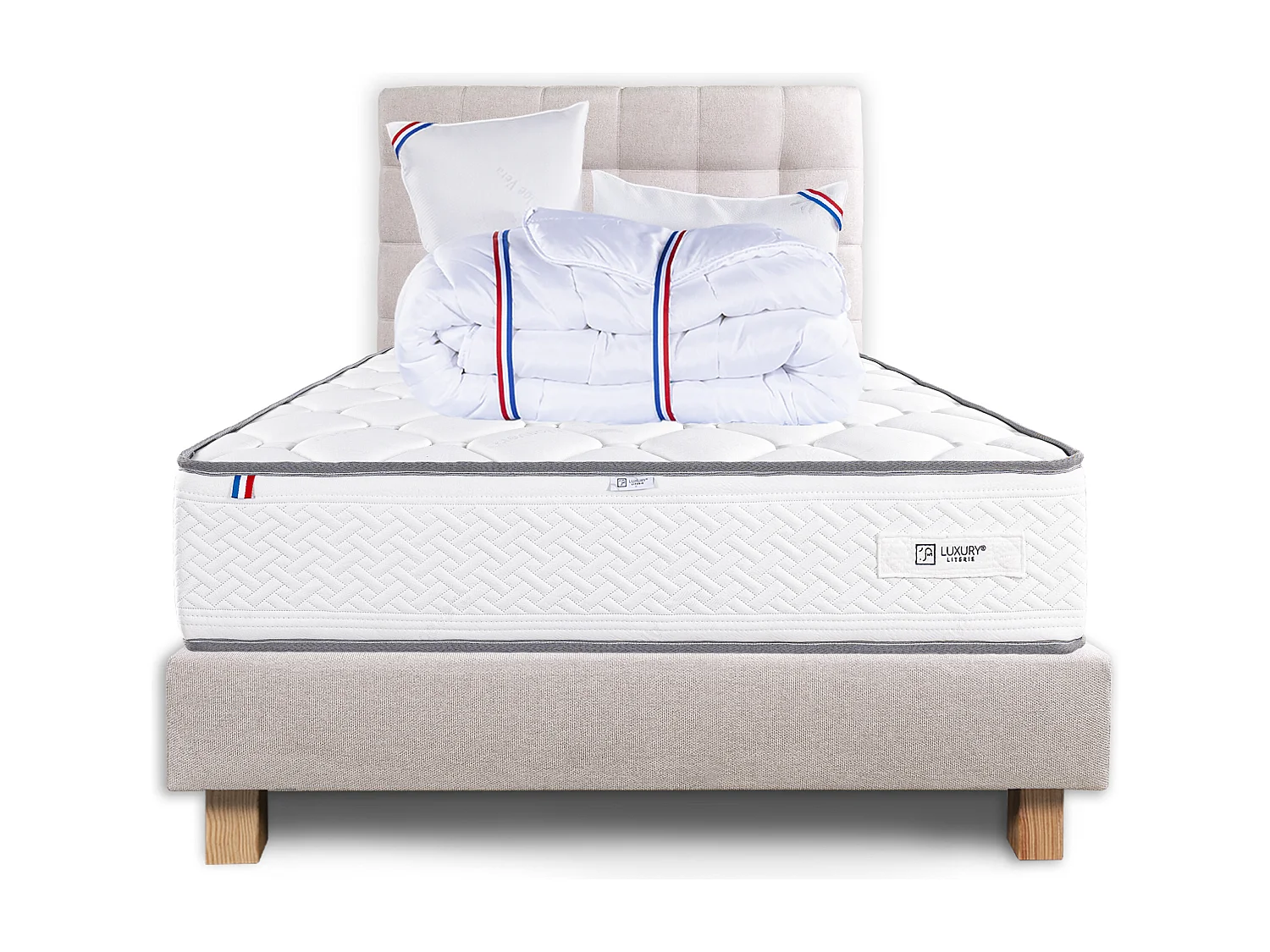 Ensemble Matelas 140x190 cm, Iris, 20 cm + sommier beige + 2 oreillers + couette + TDL