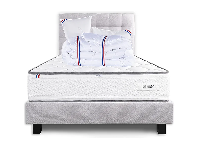 Ensemble Matelas 140x200 cm, Iris, 20 cm + sommier gris + 2 oreillers + couette + TDL