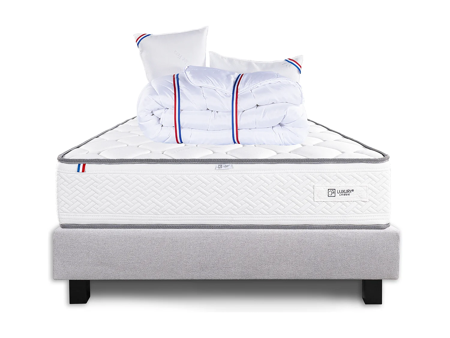 Ensemble Matelas 140x200 cm, Iris, 20 cm + sommier gris + 2 oreillers + couette