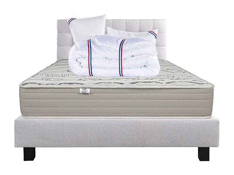 Ensemble Matelas 140x190 cm, OrganicCotton, 24 cm+sommier gris+2 oreillers+couette+TDL