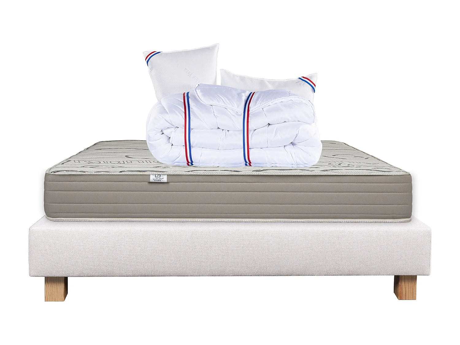 Ensemble Matelas 160x200 cm, Organic Cotton, 24 cm + sommier beige + 2 oreillers + couette