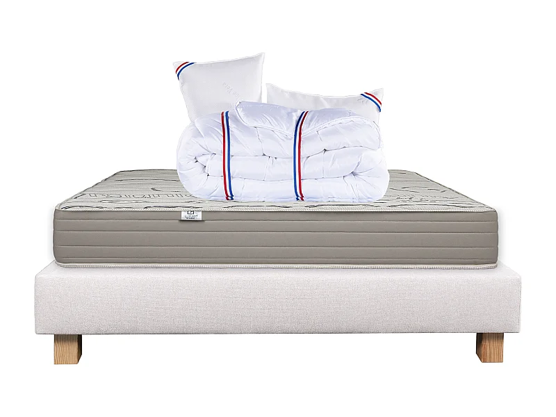 Ensemble Matelas 160x200 cm, Organic Cotton, 24 cm + sommier beige + 2 oreillers + couette
