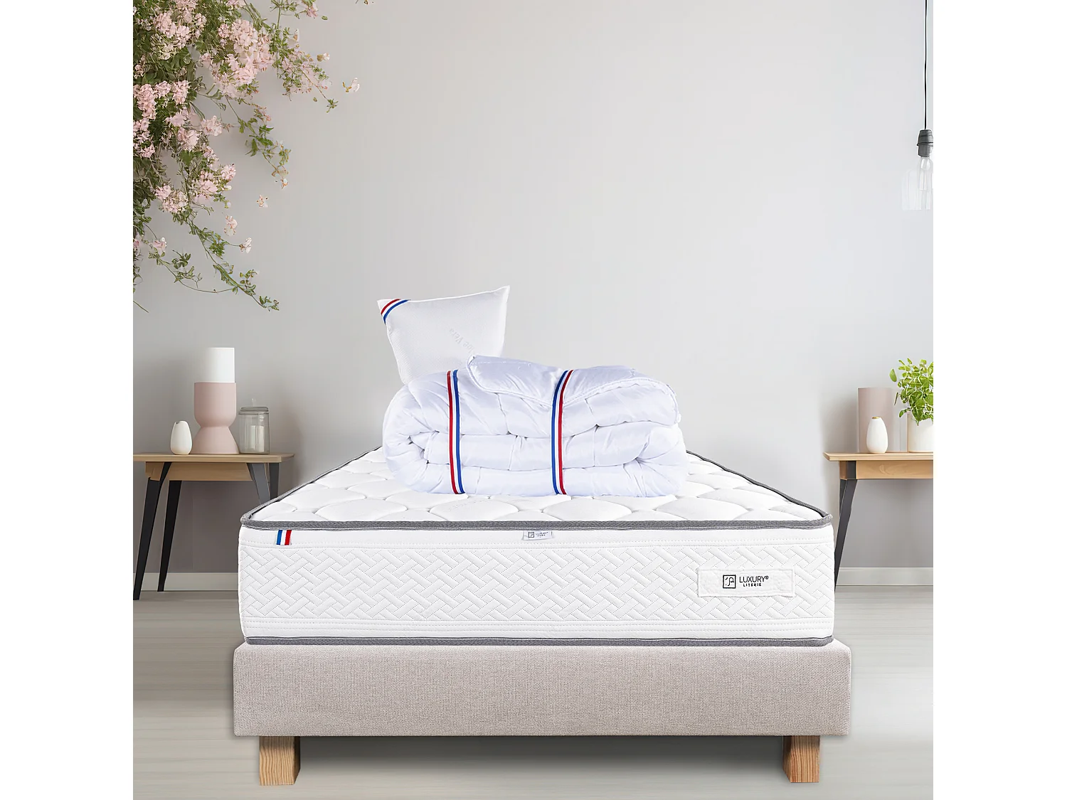 Ensemble Matelas 90x190 cm, Iris, 20 cm + sommier beige + oreiller + couette