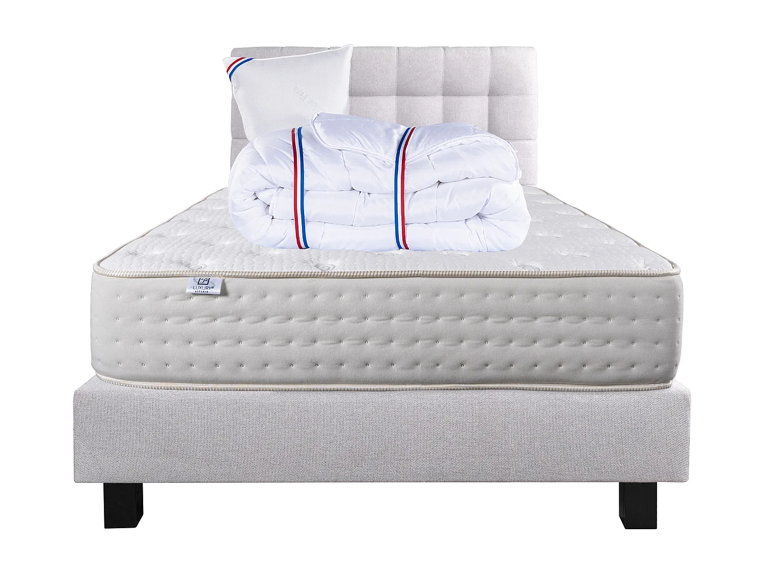 Ensemble Matelas 90x190 cm, Purlux, 26 cm + sommier gris + oreiller + couette + TDL