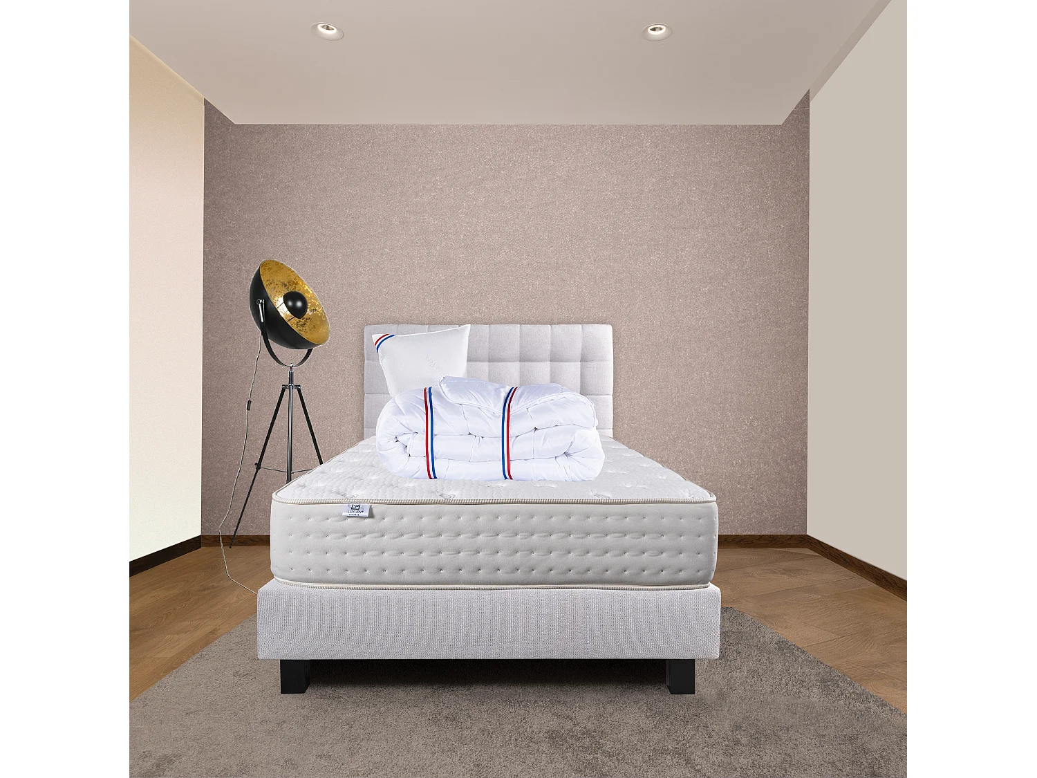 Ensemble Matelas 90x190 cm, Purlux, 26 cm + sommier gris + oreiller + couette + TDL