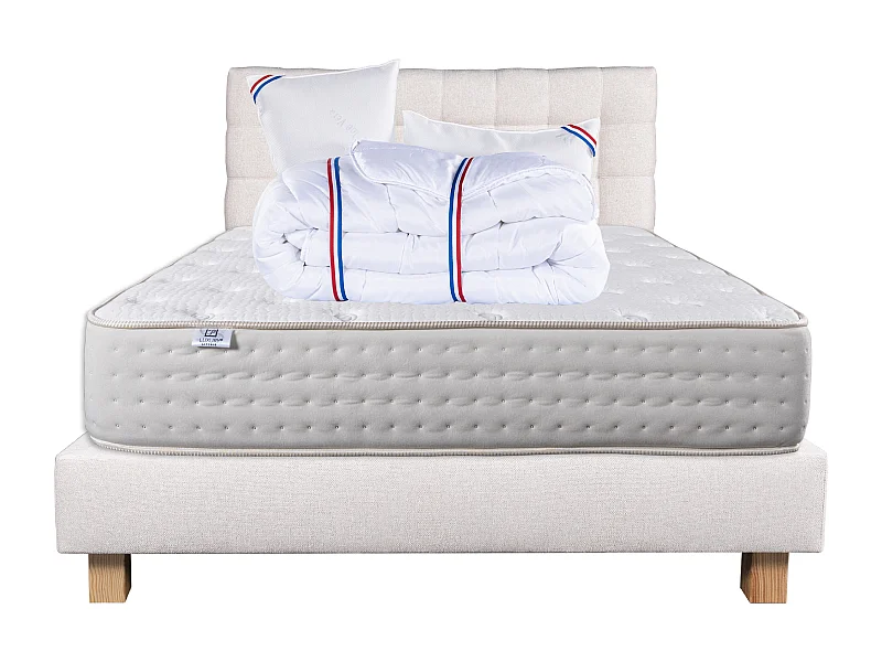 Ensemble Matelas 160x200 cm, Purlux, 26 cm + sommier beige + 2 oreillers + couette + TDL