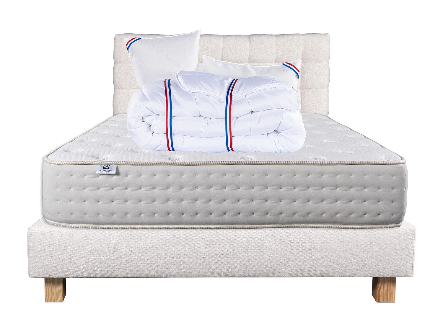 Ensemble Matelas 160x200 cm, Purlux, 26 cm + sommier beige + 2 oreillers + couette + TDL