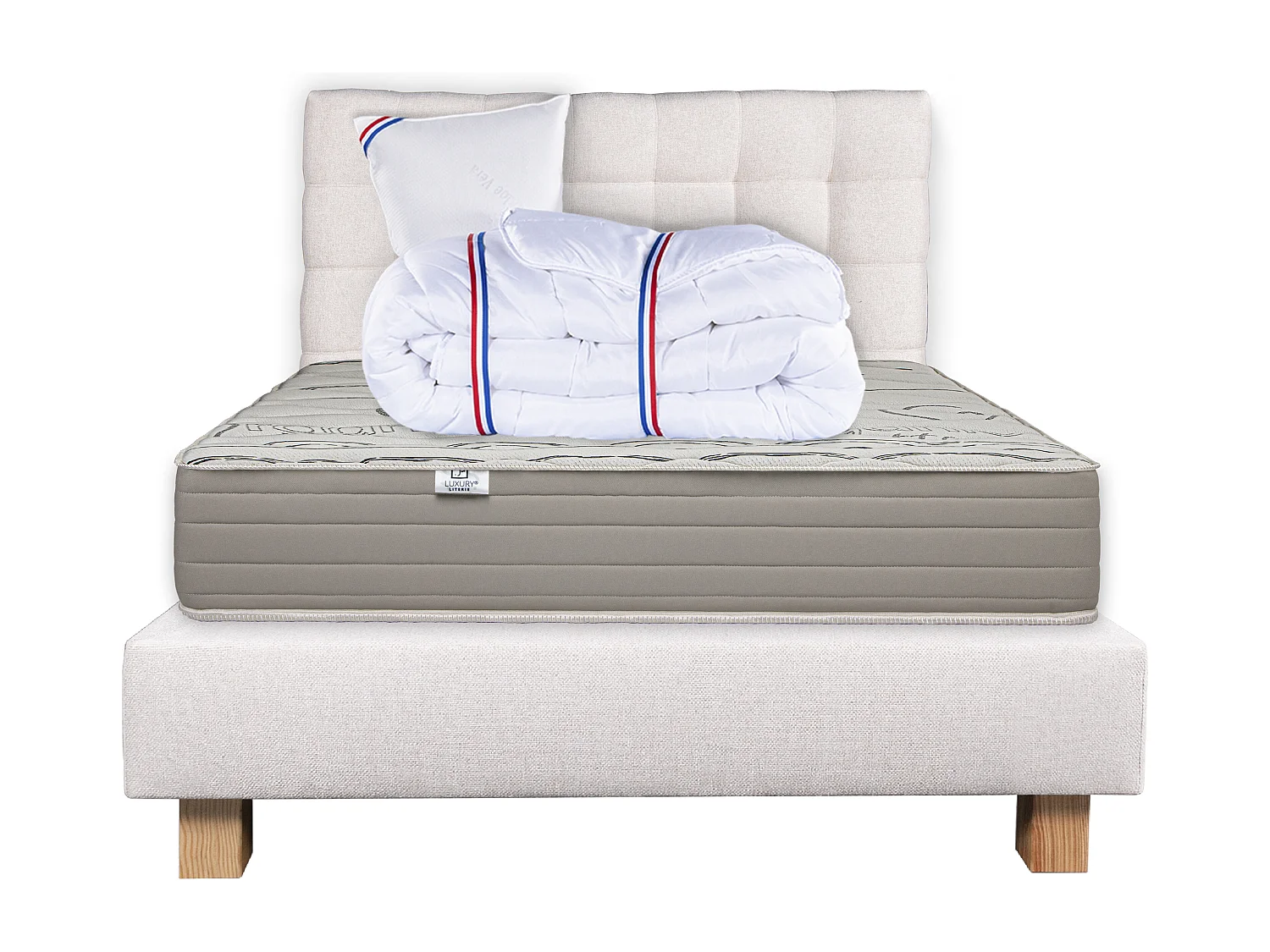 Ensemble Matelas 90x190 cm, OrganicCotton, 24 cm + sommier beige + oreiller + couette +TDL
