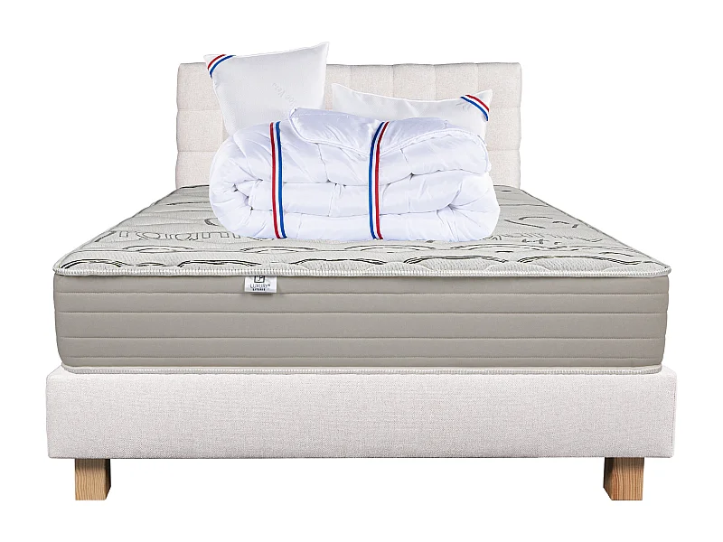 Ensemble Matelas 140x200 cm, OrganicCotton, 24 cm+sommier beige+2 oreillers+couette+TDL