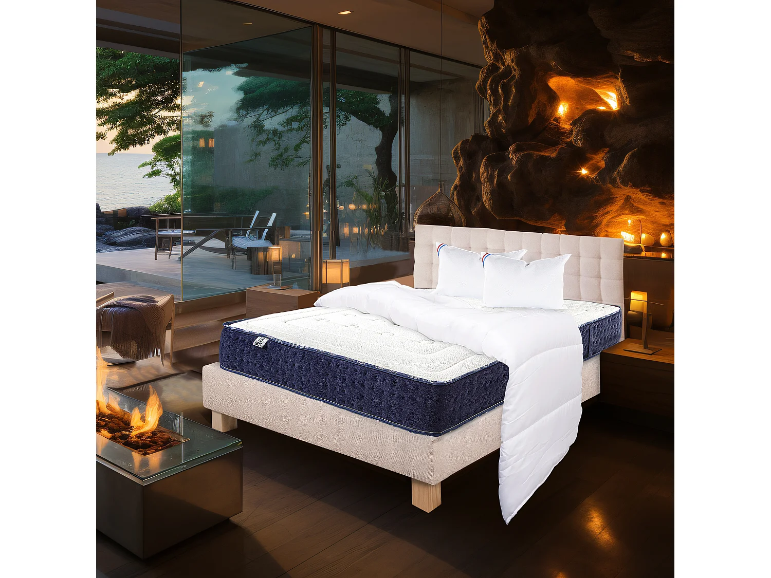 Ensemble Matelas 160x200 cm, Nuage, 24 cm + sommier beige + 2 oreillers + couette + TDL