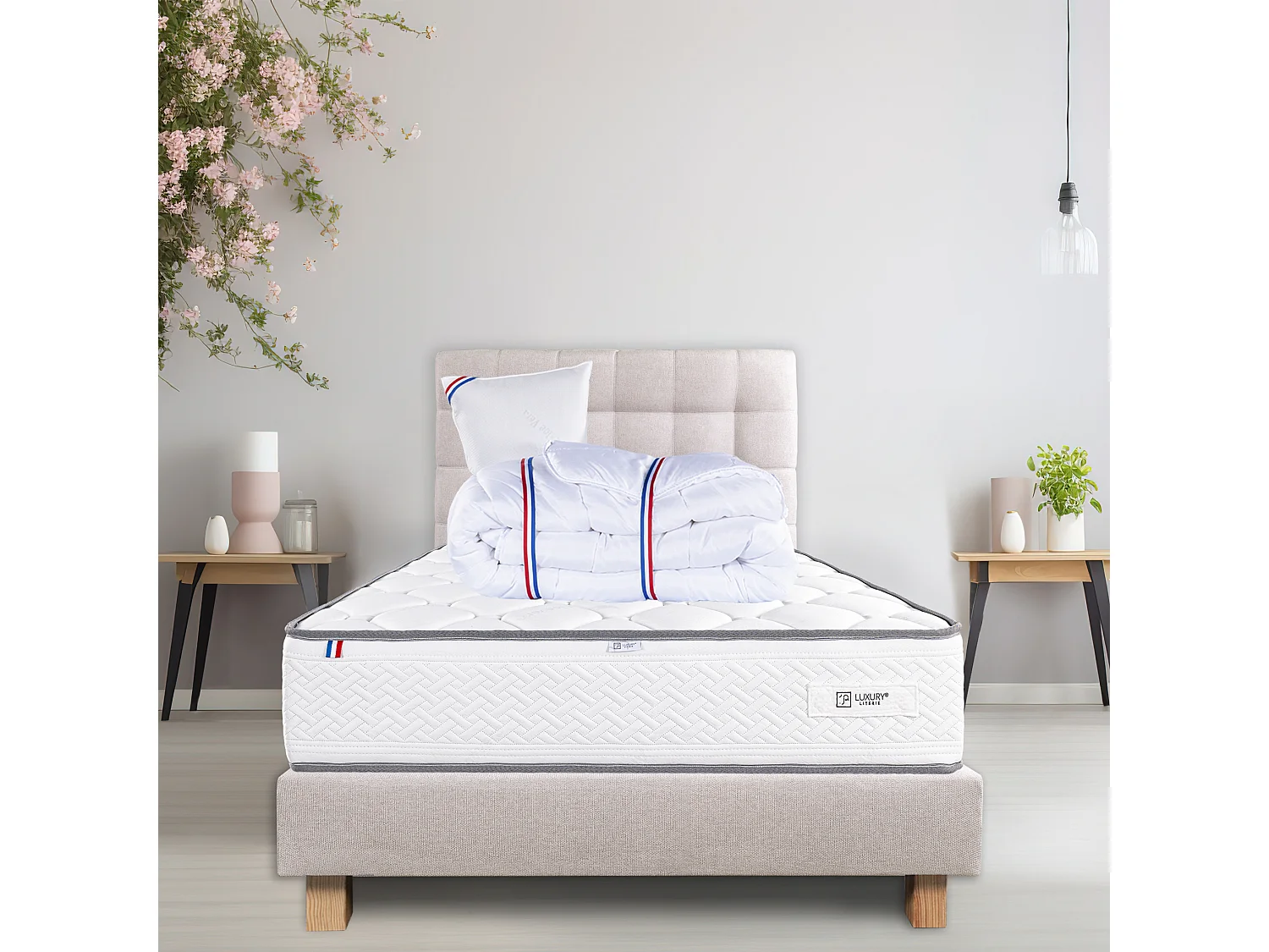 Ensemble Matelas 90x190 cm, Iris, 20 cm + sommier beige + oreiller + couette + TDL
