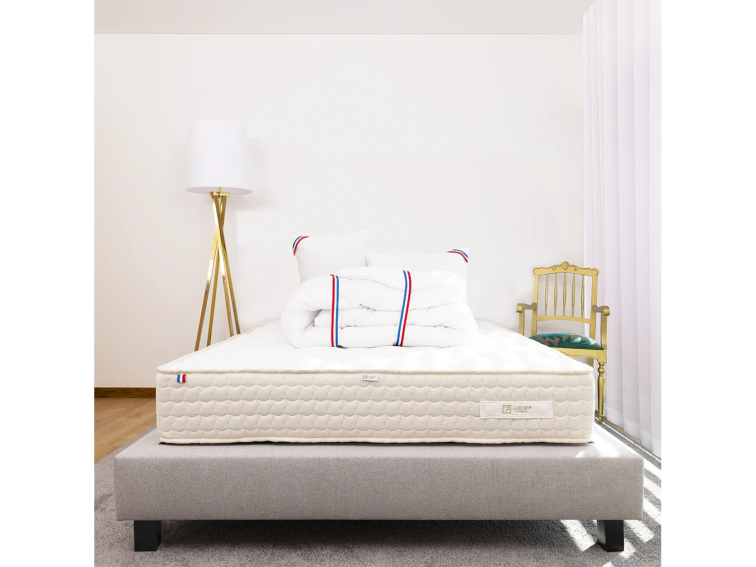 Conjunto Colchão Sublime 140x190 cm + Estrado + Almofadas + Edredom - Firmeza 7/10, Regulação Térmica, Hipoalergênico