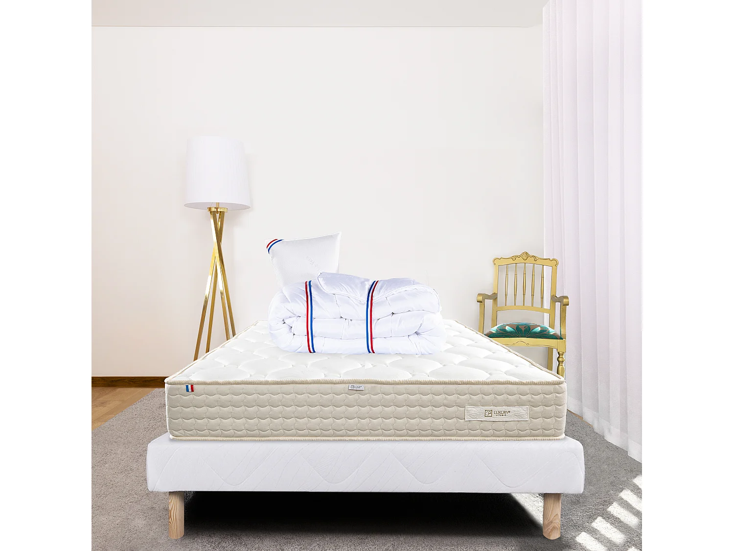 Ensemble Matelas 90x190 cm, Sublime, 20 cm + sommier blanc + oreiller + couette