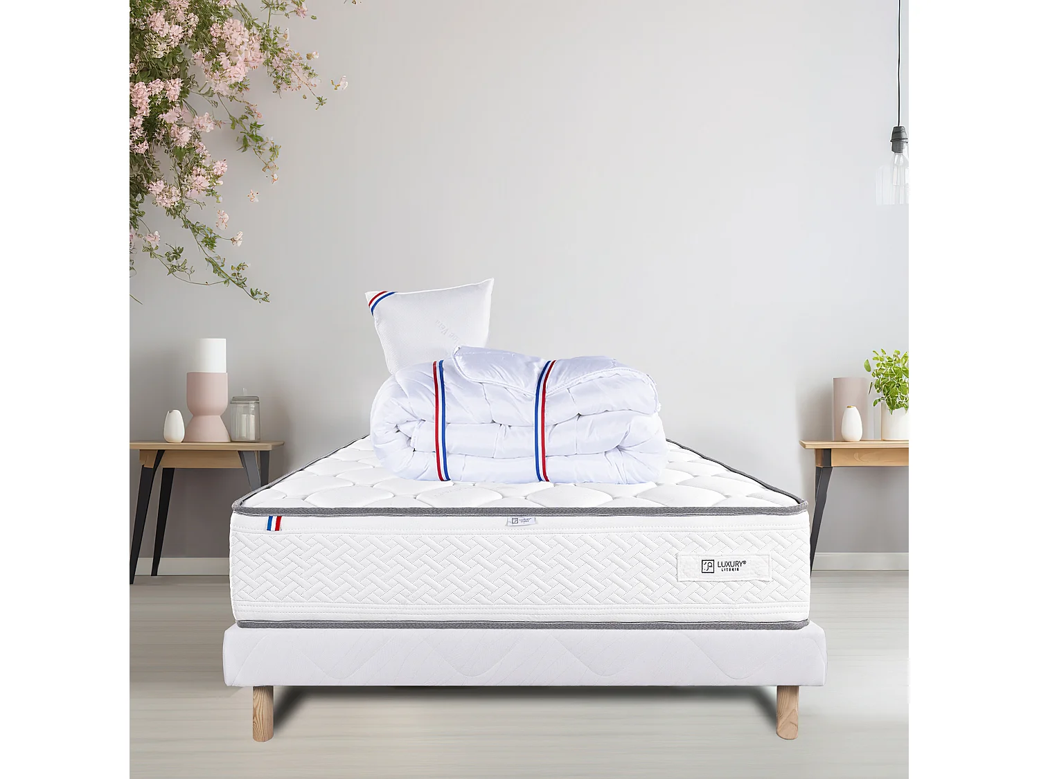 Ensemble Matelas 90x190 cm, Iris, 20 cm + sommier blanc + oreiller + couette