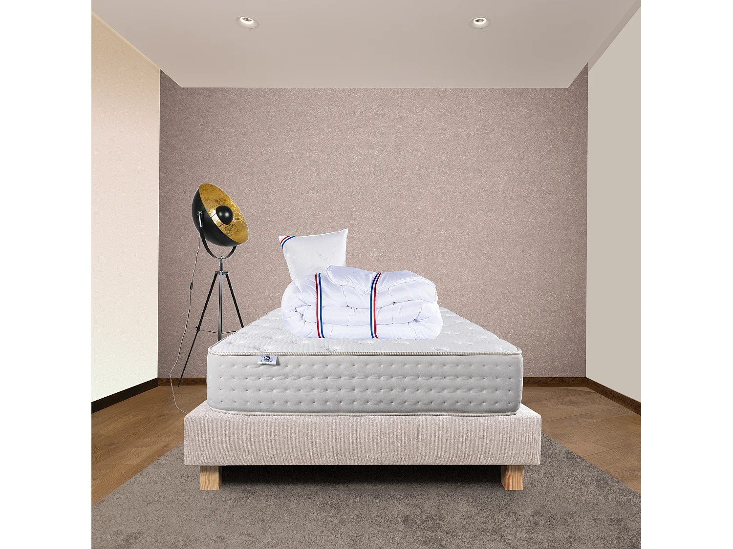 Ensemble Matelas 90x190 cm, Purlux, 26 cm + sommier beige + oreiller + couette
