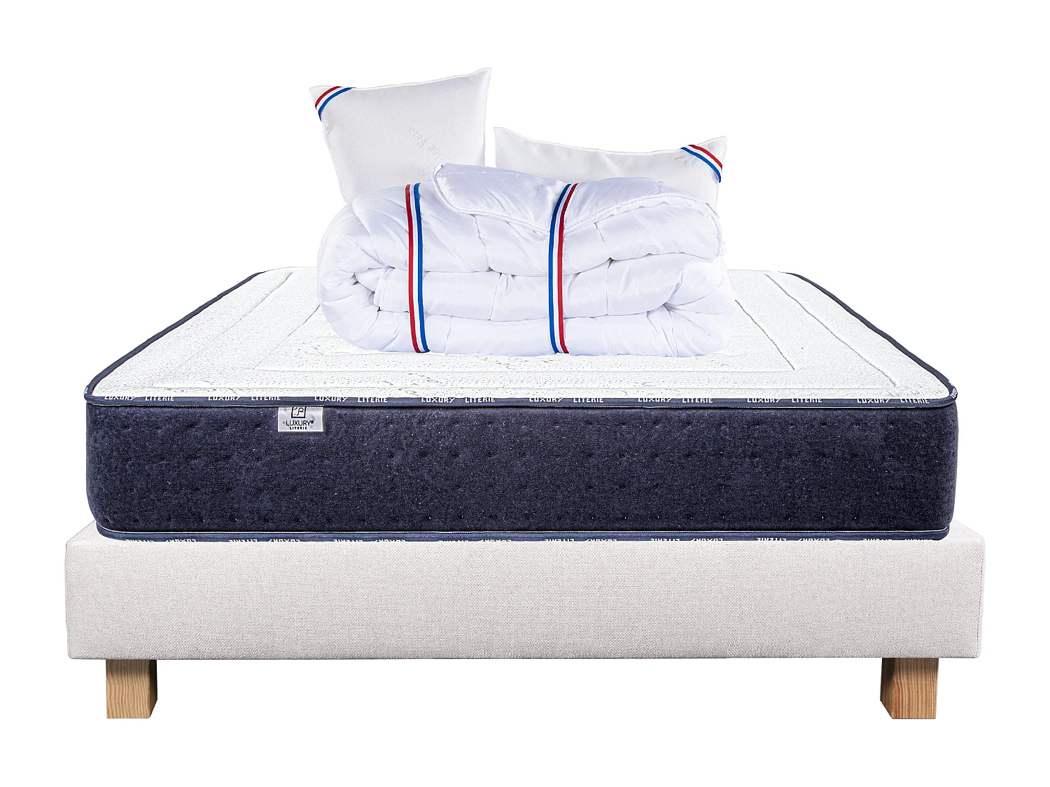 Ensemble Matelas 140x200 cm, Nuage, 24 cm + sommier beige + 2 oreillers + couette