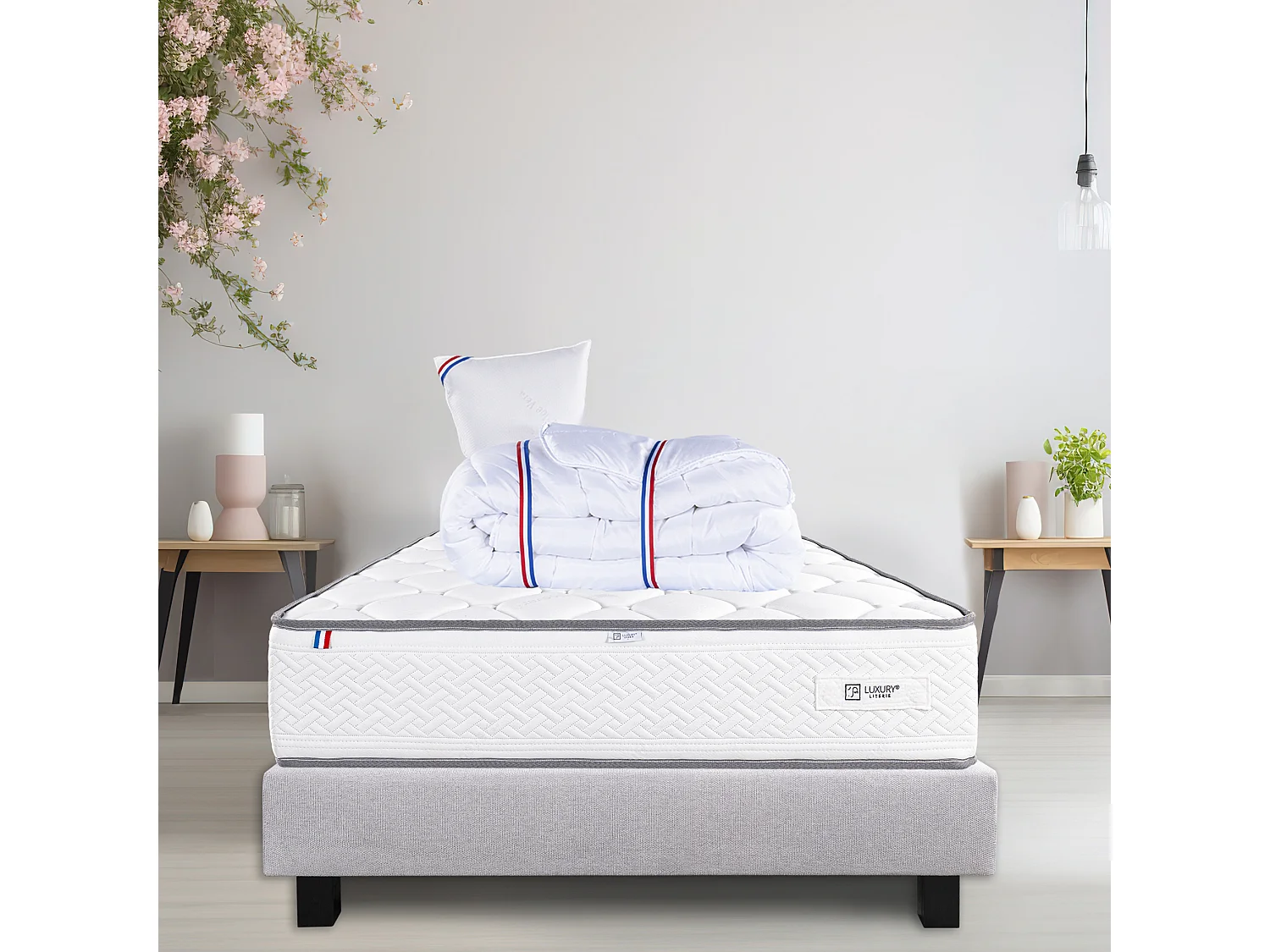 Ensemble Matelas 90x190 cm, Iris, 20 cm + sommier gris + oreiller + couette
