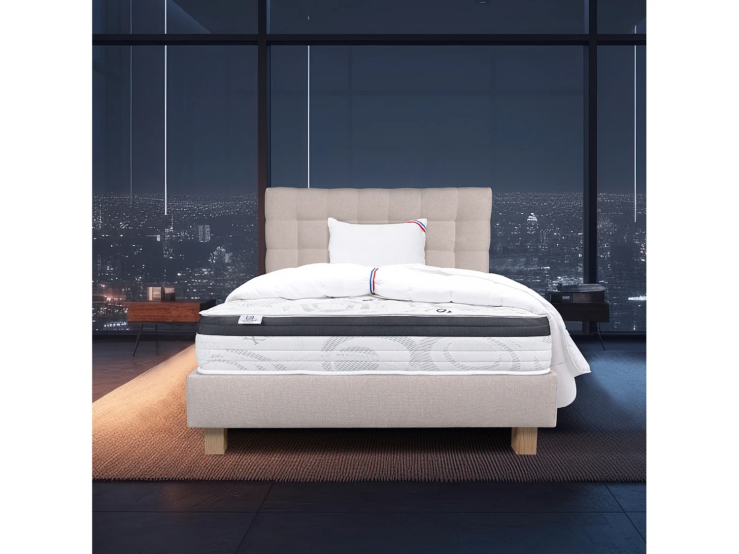 Ensemble Matelas 90x190 cm, Sleeplux, 26 cm + sommier beige + oreiller + couette + TDL