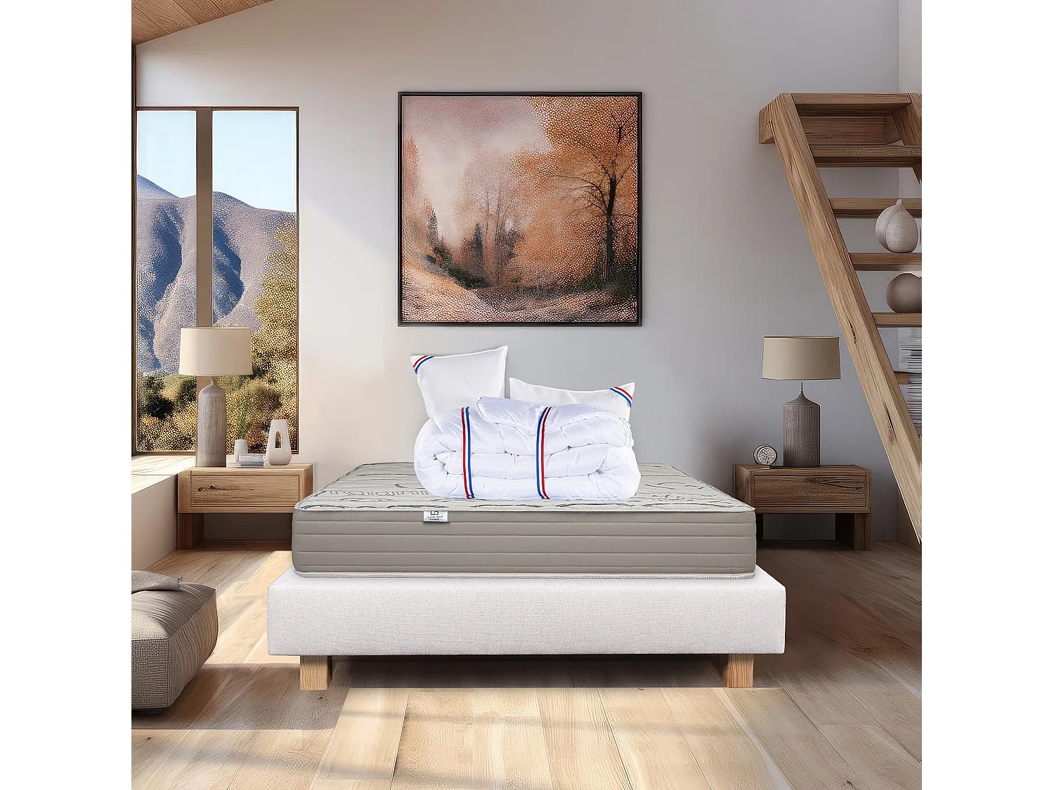 Ensemble Matelas 140x190 cm, Organic Cotton, 24 cm + sommier beige + 2 oreillers + couette