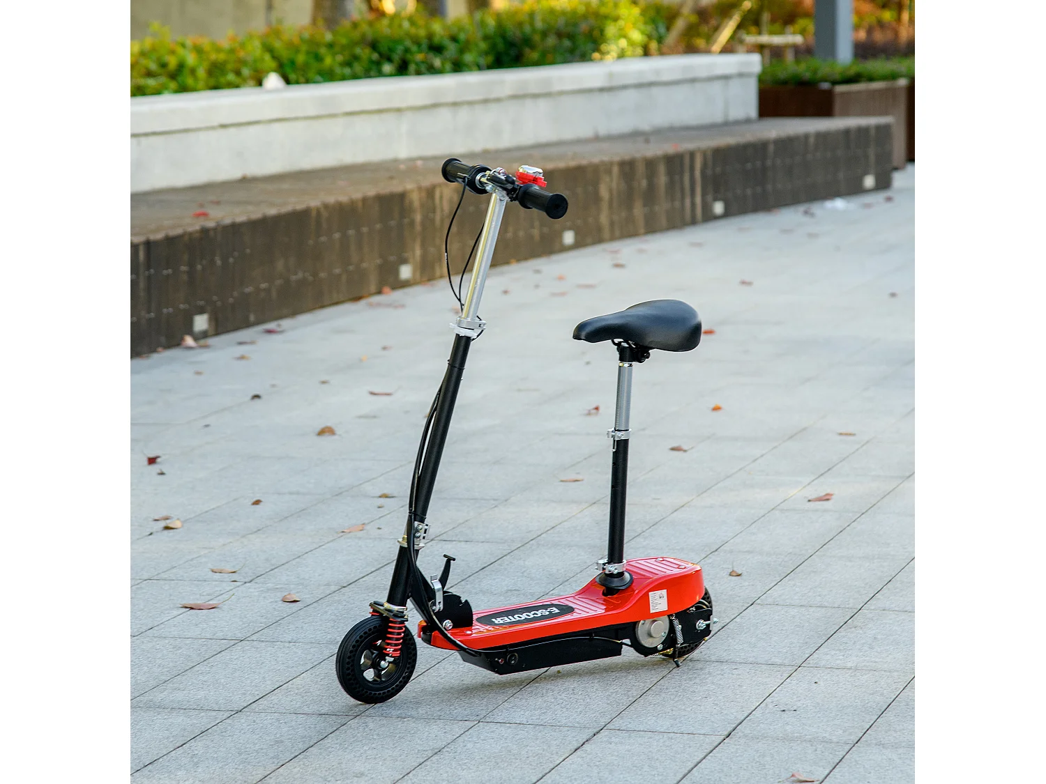 Trottinette électrique pliable enfant 120 W guidon selle réglable 15 Km/h max. suspension AV sonnette rouge noir