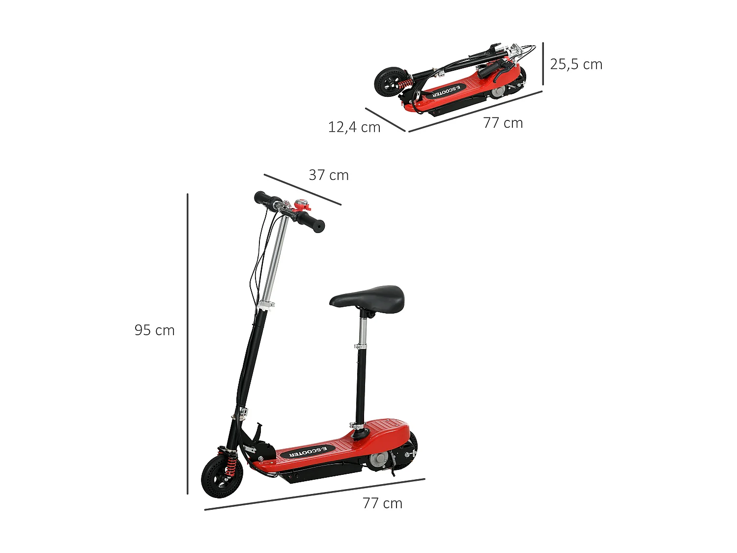 Trottinette électrique pliable enfant 120 W guidon selle réglable 15 Km/h max. suspension AV sonnette rouge noir