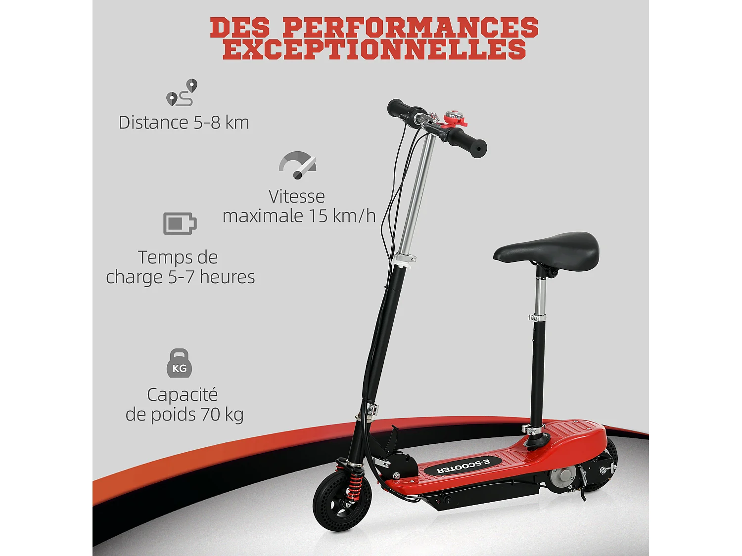 Trottinette électrique pliable enfant 120 W guidon selle réglable 15 Km/h max. suspension AV sonnette rouge noir