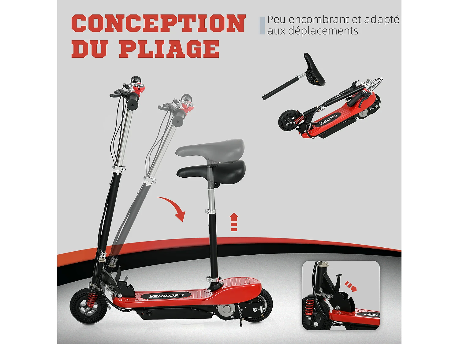 Trottinette électrique pliable enfant 120 W guidon selle réglable 15 Km/h max. suspension AV sonnette rouge noir