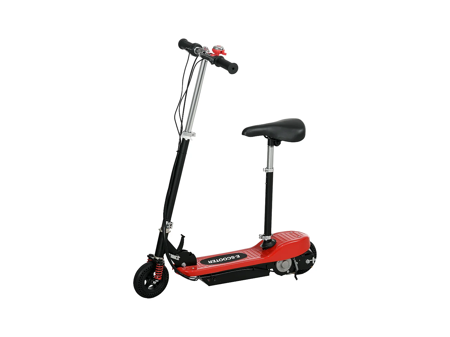 Trottinette électrique pliable enfant 120 W guidon selle réglable 15 Km/h max. suspension AV sonnette rouge noir