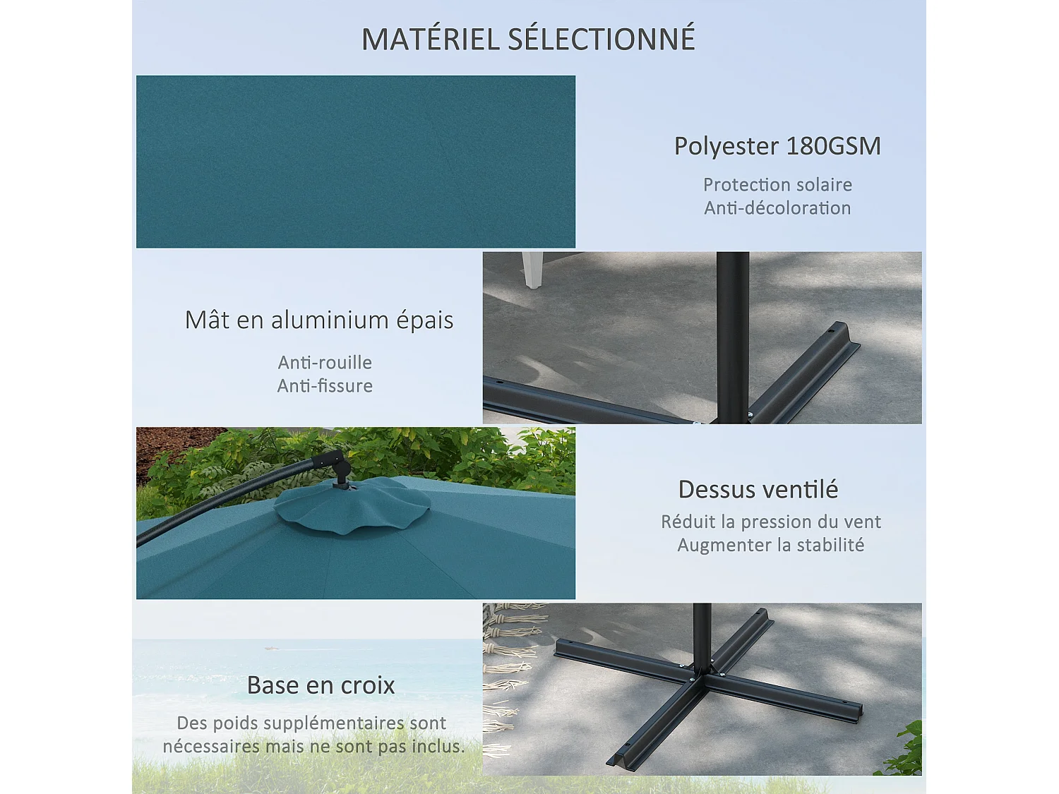 Parasol déporté octogonal inclinable Ø 2,93 x 2,60 m avec pied métal époxy alu bleu canard