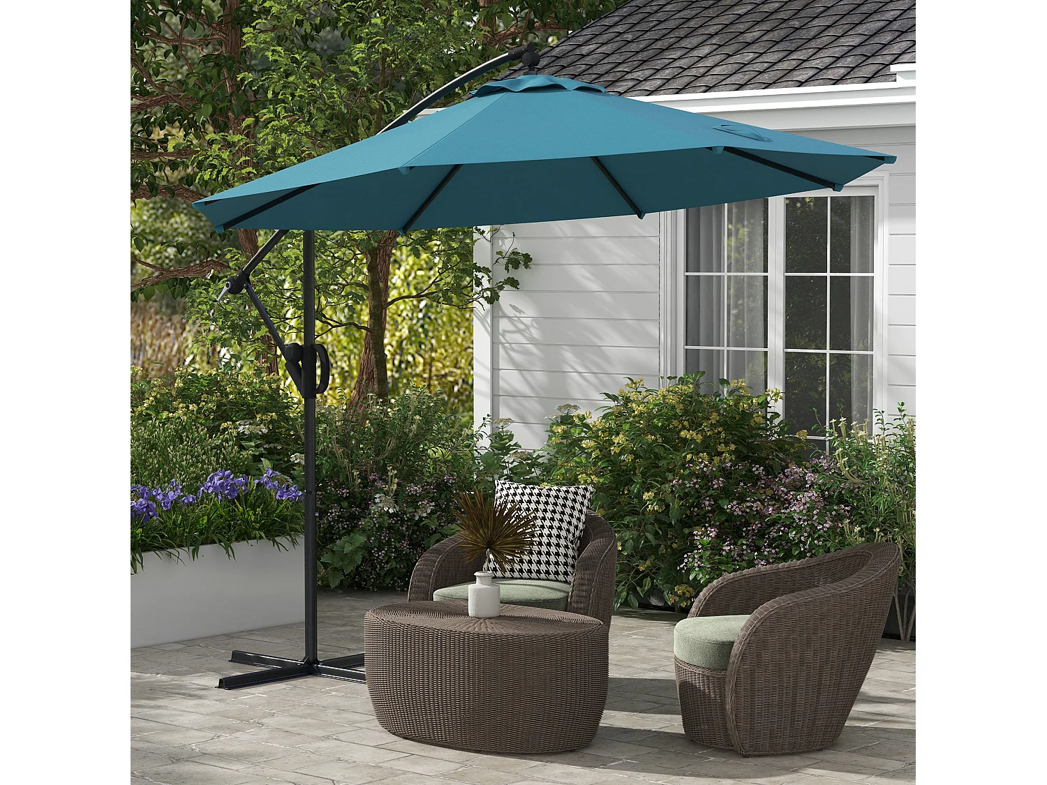 Parasol déporté octogonal inclinable Ø 2,93 x 2,60 m avec pied métal époxy alu bleu canard