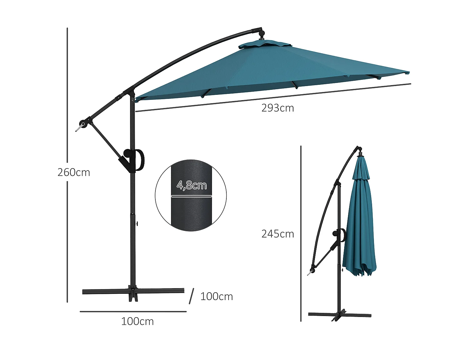 Parasol déporté octogonal inclinable Ø 2,93 x 2,60 m avec pied métal époxy alu bleu canard