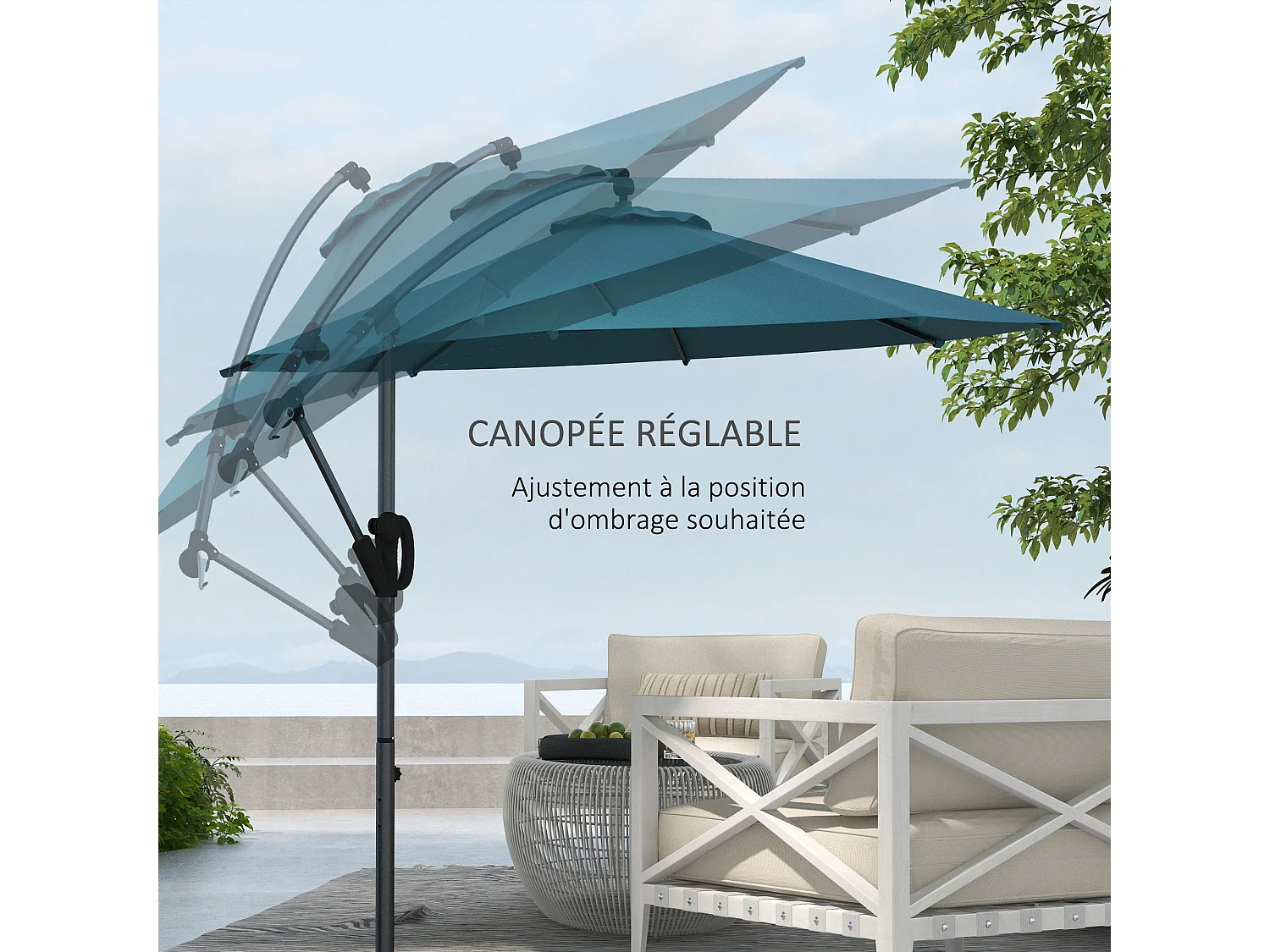 Parasol déporté octogonal inclinable Ø 2,93 x 2,60 m avec pied métal époxy alu bleu canard