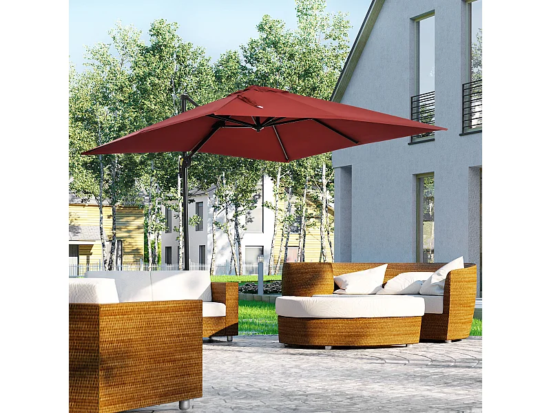 Parasol déporté carré inclinable manivelle avec pied en acier dim. 2,45L x 2,45l x 2,45H m métal alu. polyester haute densité rouge