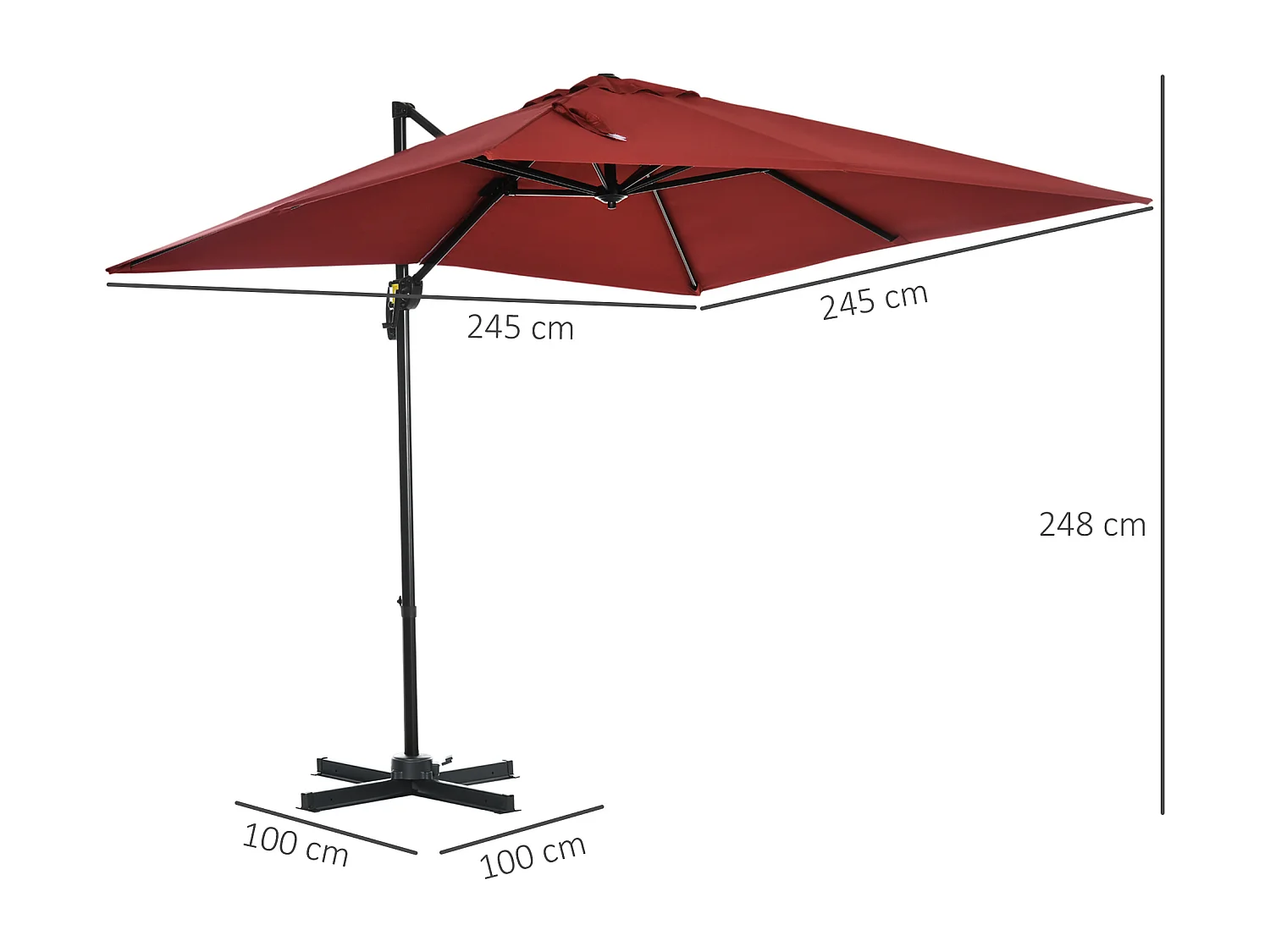 Parasol déporté carré inclinable manivelle avec pied en acier dim. 2,45L x 2,45l x 2,45H m métal alu. polyester haute densité rouge