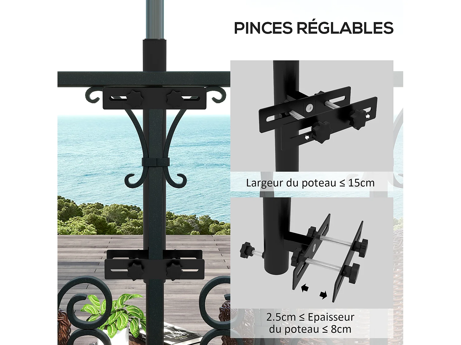 Fixation de parasol pour balcon pinces réglables garde-corps métal noir