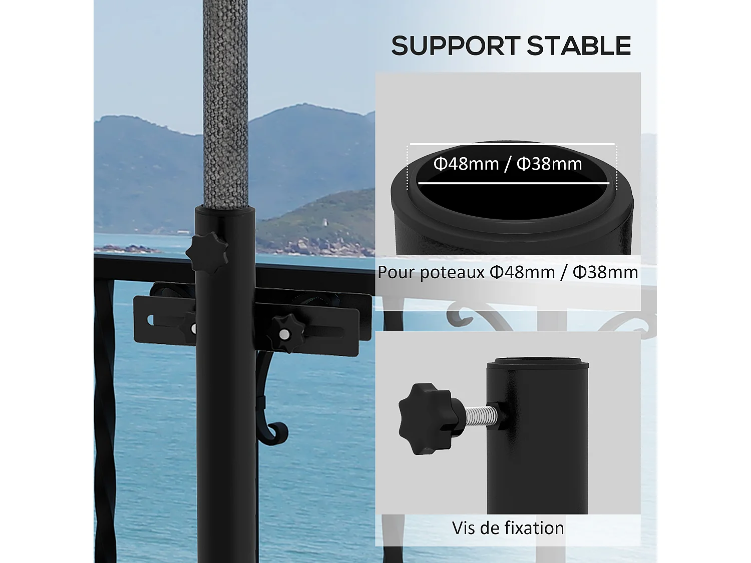 Fixation de parasol pour balcon pinces réglables garde-corps métal noir