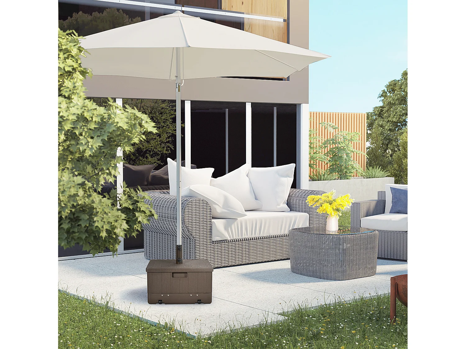 Pied de parasol table d'appoint jardinière 3 en 1 marron