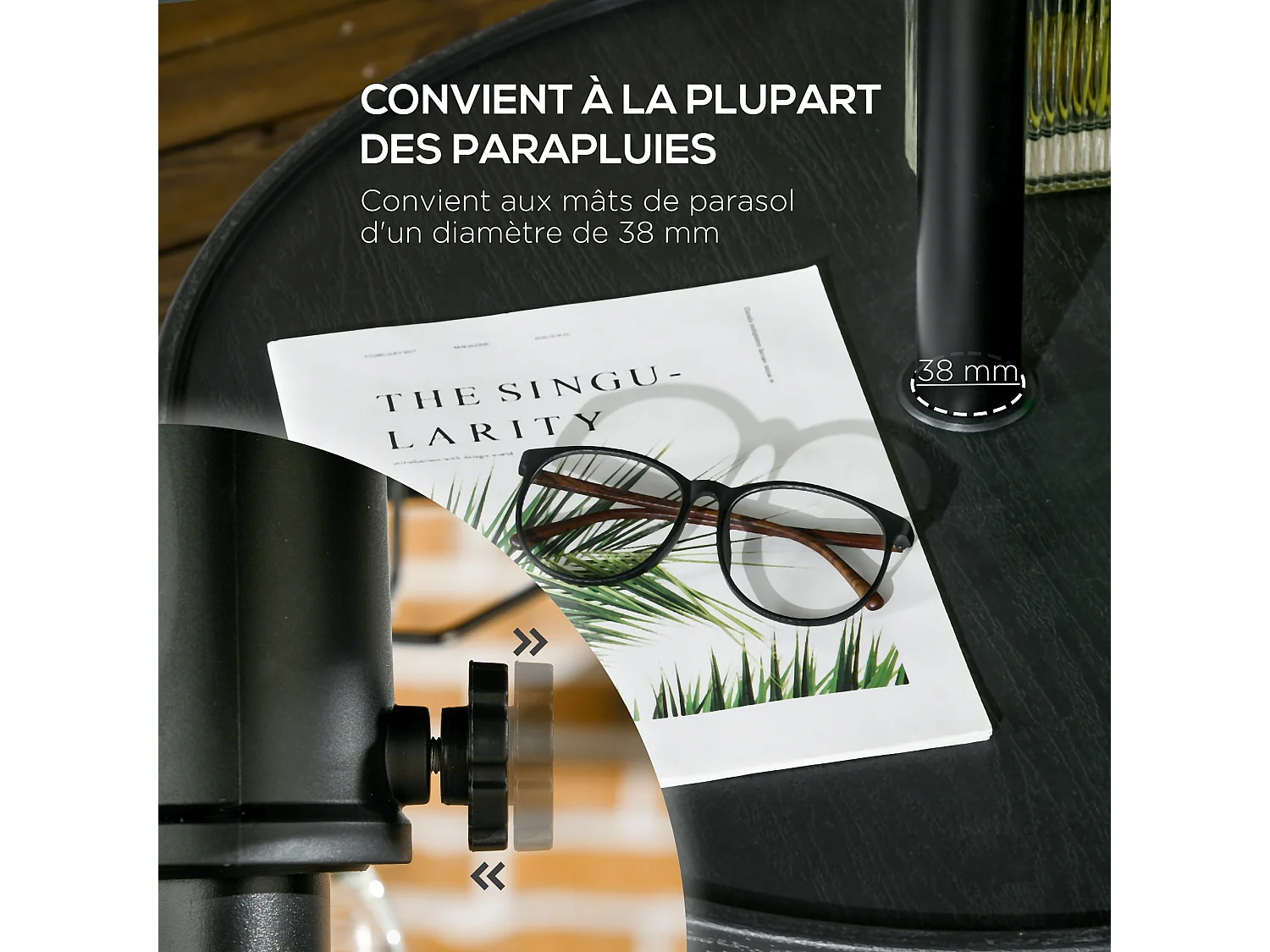 Table basse table de parasol Ø 60 cm compatible parasol mât 3,8 cm HDPE aspect bois noir