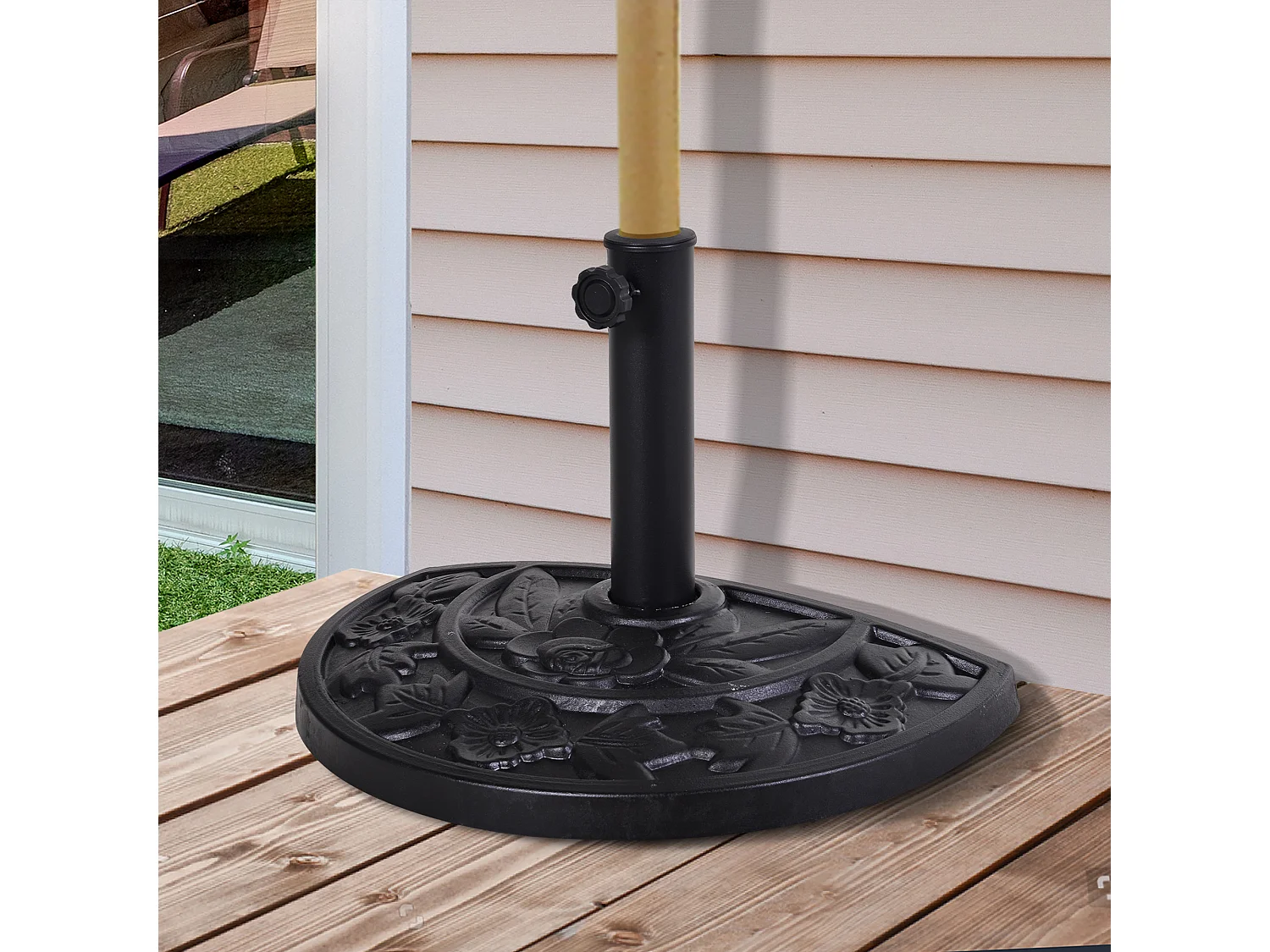Pied de parasol base de lestage parasol demi-cercle résine imitation fonte motif fleur 50L x 31l x 32H cm noir