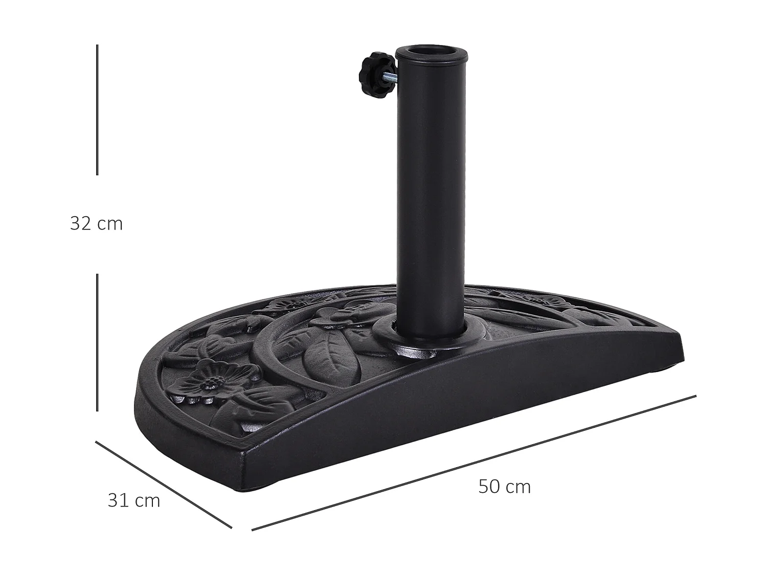 Pied de parasol base de lestage parasol demi-cercle résine imitation fonte motif fleur 50L x 31l x 32H cm noir