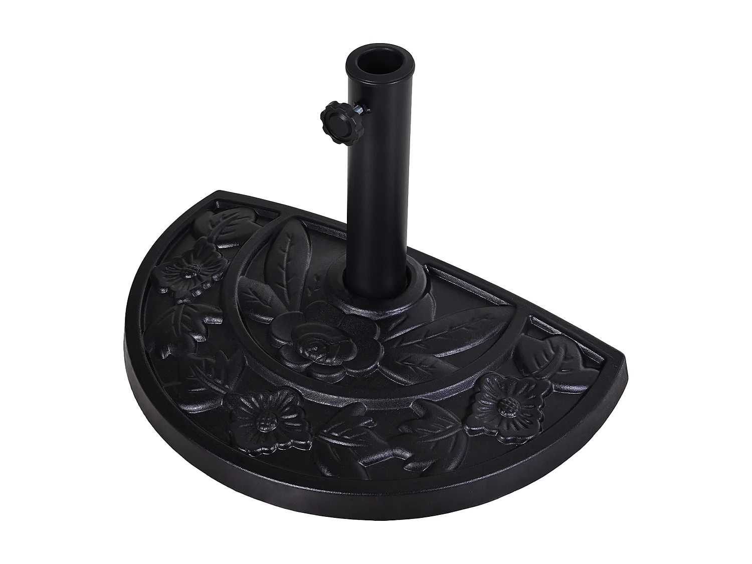 Pied de parasol base de lestage parasol demi-cercle résine imitation fonte motif fleur 50L x 31l x 32H cm noir