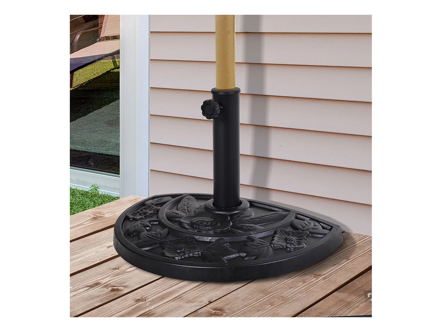 Pied de parasol base de lestage parasol demi-cercle résine imitation fonte motif fleur 50L x 31l x 32H cm noir