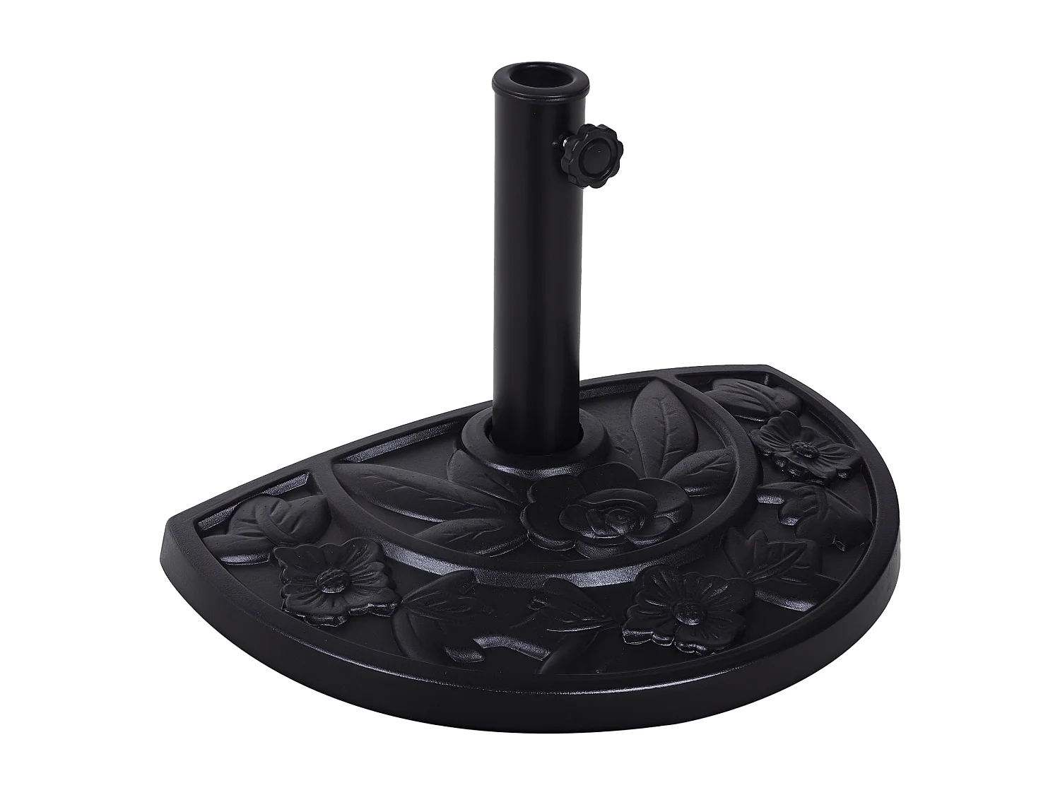 Pied de parasol base de lestage parasol demi-cercle résine imitation fonte motif fleur 50L x 31l x 32H cm noir
